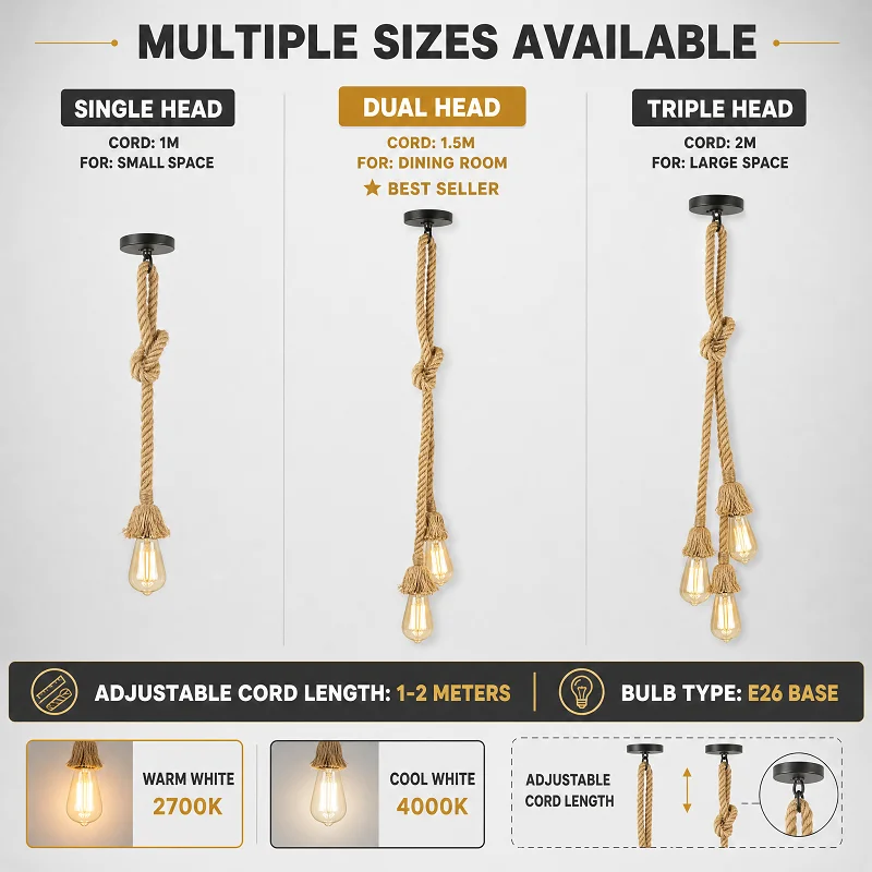 Vintage Rattan Hemp Rope Hanging Lamp, Handcrafted Single & Double Head Pendant Light for Bar Cafe Shop Living Room Decoration
