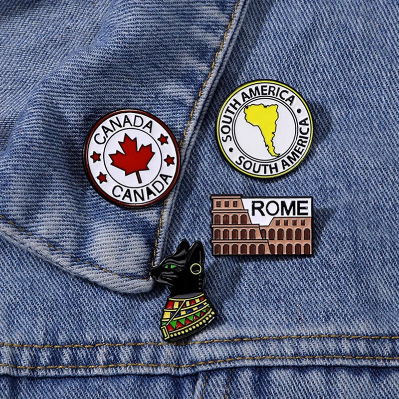 

Cartoon Travel Brooch Roman Colosseum Canadian Maple Leaf South American Egyptian Black Cat Badge Punk Clothe Lapel Pins Jewelry