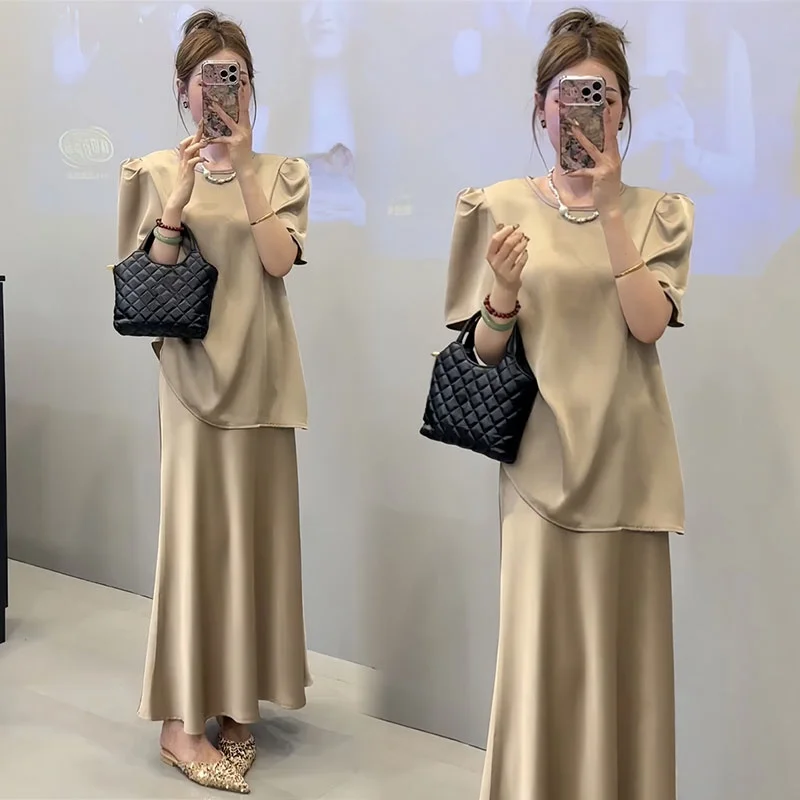 Salt Series Women's Fashion Slimming Bubble Sleeve Set Summer Outfit Half Skirt Two-Piece Ensemble round Neck Short Sleeve