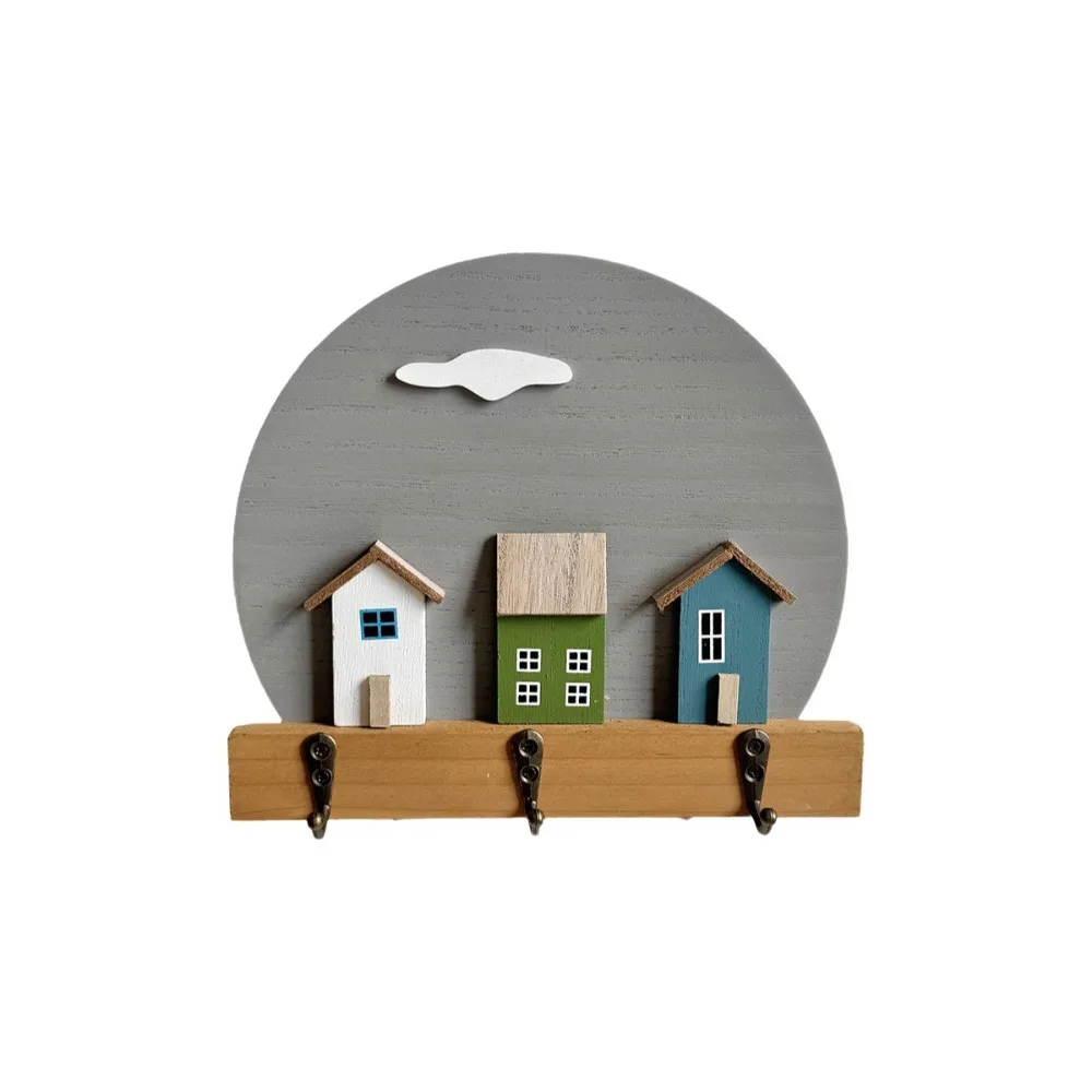 Round Shape Wooden Wall Hook Nordic Style 3D House Entrance Key Rack Multi Hook No Punching Coat Rack Living Room
