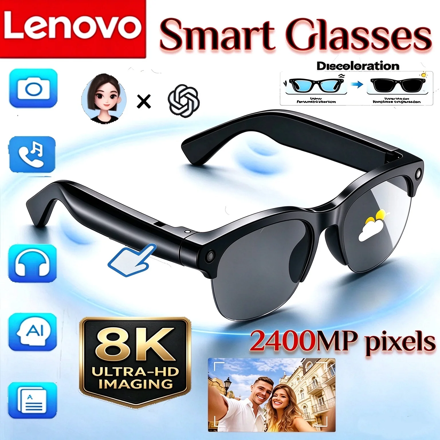 Lenovo 2400MP 8K Smart AI Glasses Vedio Photo Bluetooth Conversation Translation Recording Listening To Music Smart Sunglasses