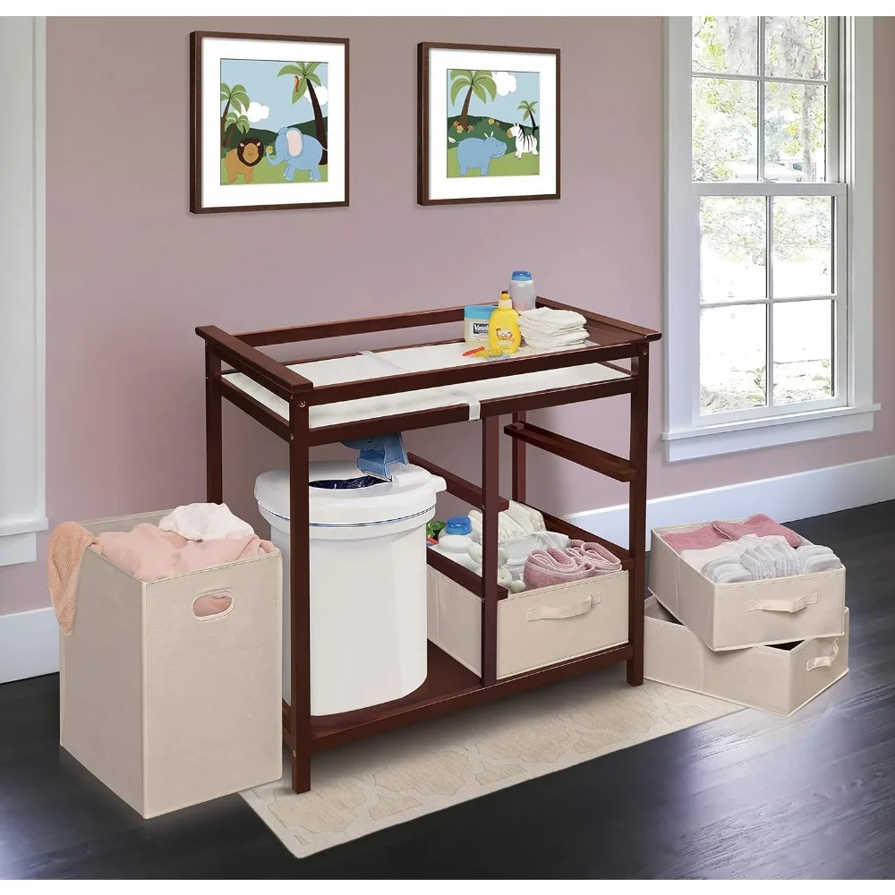 Table proxy moderne pour bébé avec panier à linge, 3 égouts et coussin de proximité de stockage, station de changement de couches, aucun écru