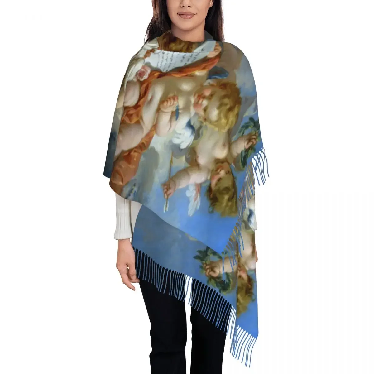 Stylish Aesthetic Renaissance Angel Tassel Scarf Women Winter Warm Shawl Wrap Ladies Boucher Rococo Art Scarves