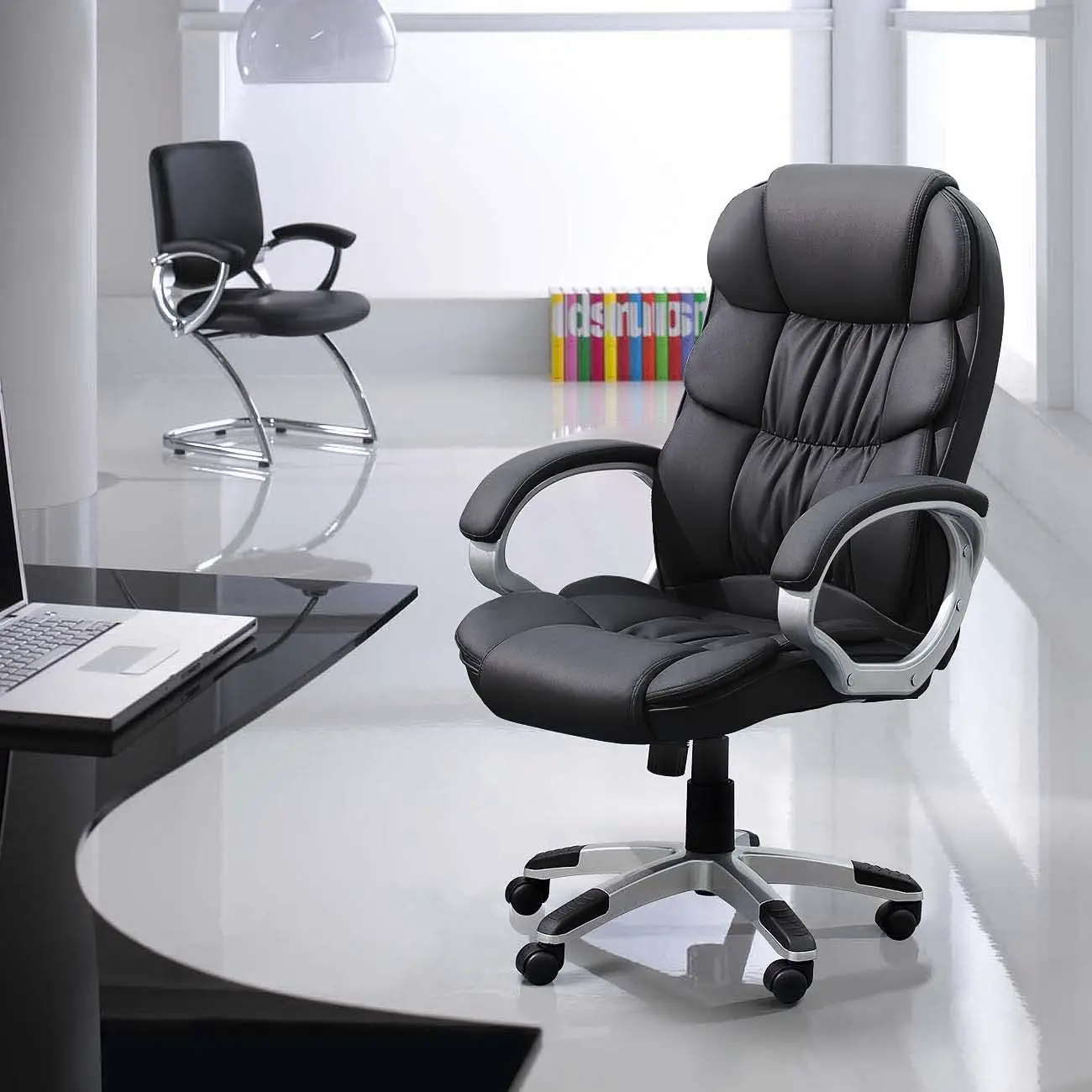 Office Chair High Back Computer Desk Chair, Modern Executive Swivel Task Chair with Padded Armrests and Lumbar Support (Black)