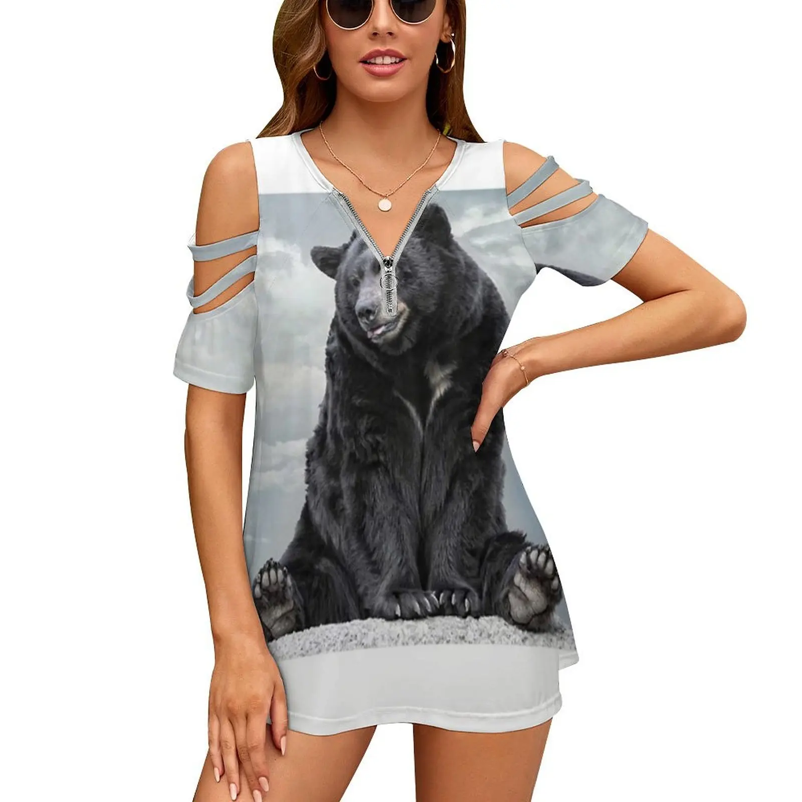 Lions & Tigers & Bears , Oh My! New Fashion Zip Off Shoulder Top Short-Sleeve Women Shirt Animal Aorbfebfeatures