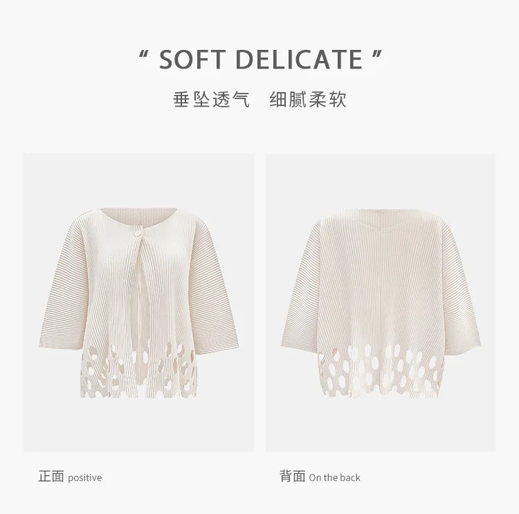 Miyake Plissierter Damen-Cardigan mit Ausschnitten, Einzelknopf, 3/4-Ärmel, Leicht, Locker, Einfarbig, Lässig, Sommer, Damen-Oberbekleidung – Detail 5