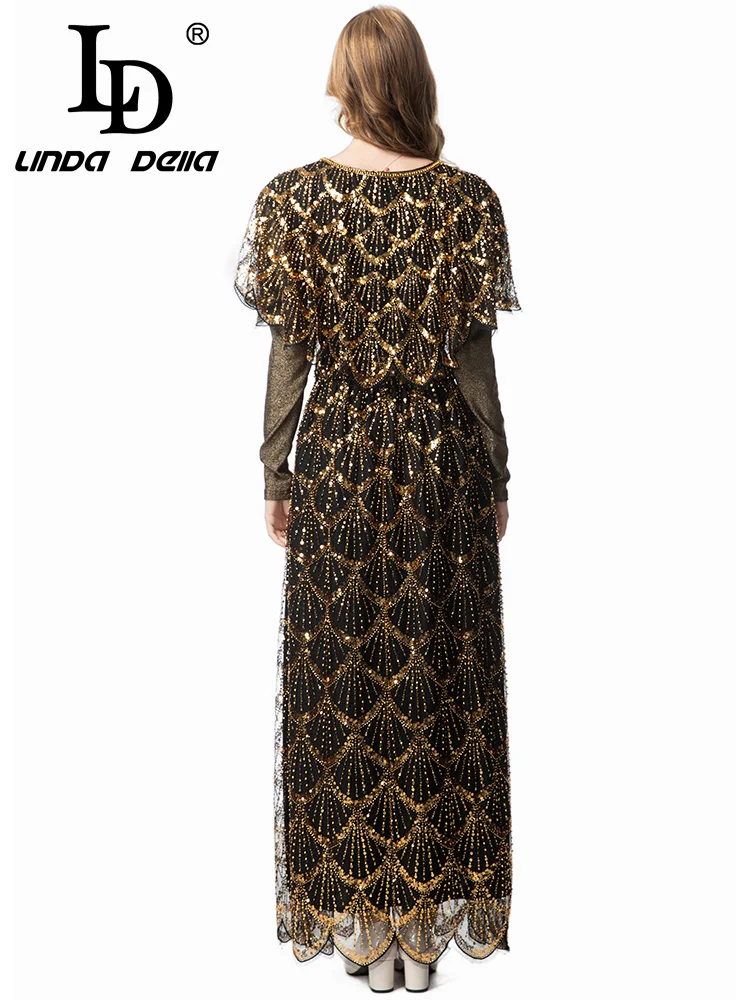 LD LINDA DELL مسمار حبة الترتر بأكمام طويلة الرجعية مأدبة عشاء فستان أسود المرأة الخريف والشتاء فستان عصري #6