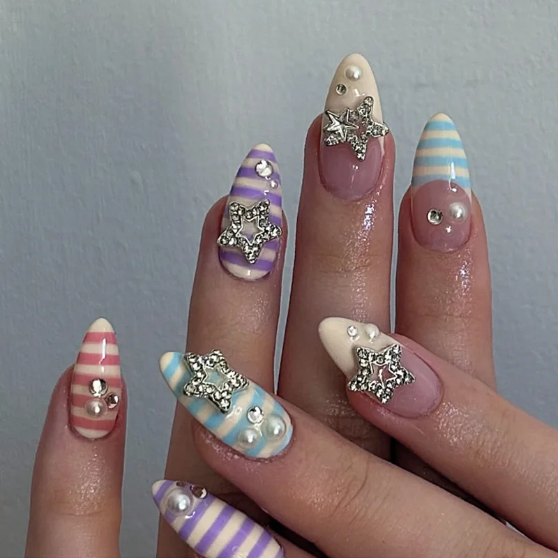 24pcs Almond Fake Nails Finished Colorful Stripes French False Nail Tips Glitter Star Rhinestone Design Wearable Press on Nails