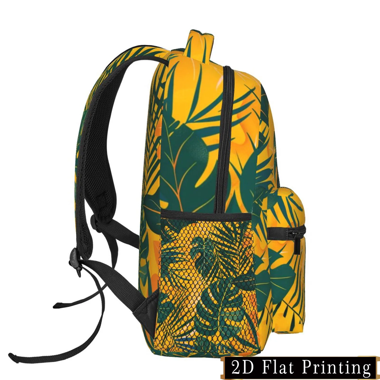 A Backpack Featuring a Pattern of The Monstera Plant Designed with Protective Features for The Shoulders