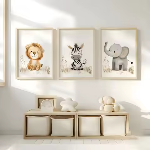 3pcs Children's Room Safari Jungle Elephant Zebra Lion Poster Picture Baby Room Decoration Gift Neutral Boy Girl Room Decor
