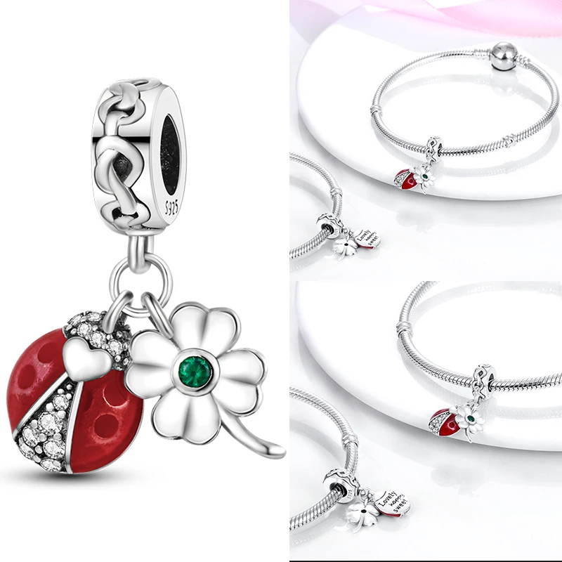 925 Sterling Silber Anhänger Herzförmig Vierblättriges Kleeblatt Marienkäfer Anhänger Passend für Original Armreif Halskette Armband DIY Schmuck Geschenk – Detail 7