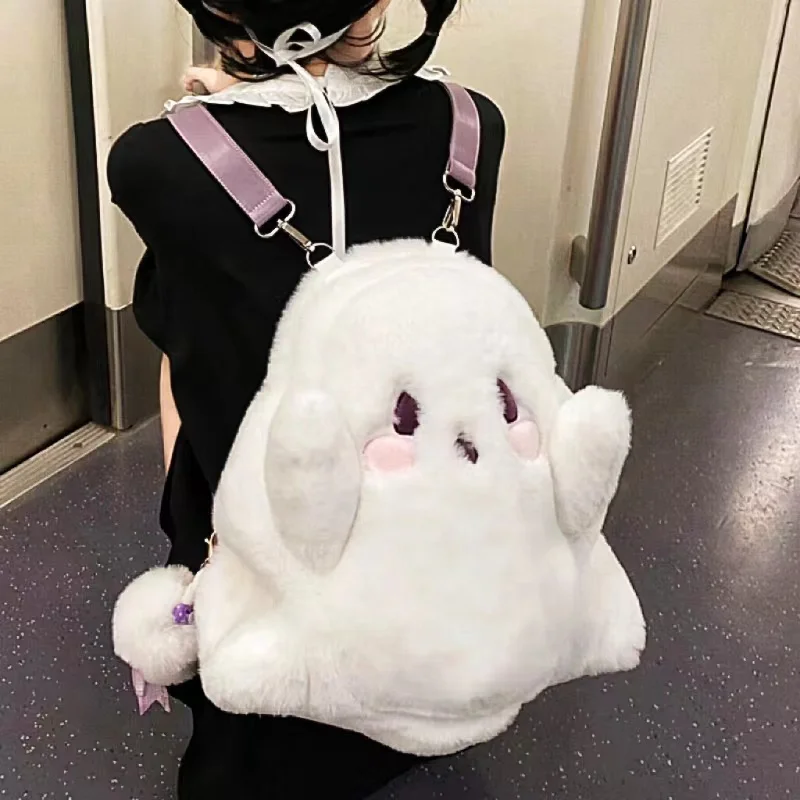 Y2k Cute Plush Ghost Backpack Kawaii Fluffy Crossbody Bag Cartoon Women Messenger Fashion Shoulder Bag Girl Casual Purse Handbag