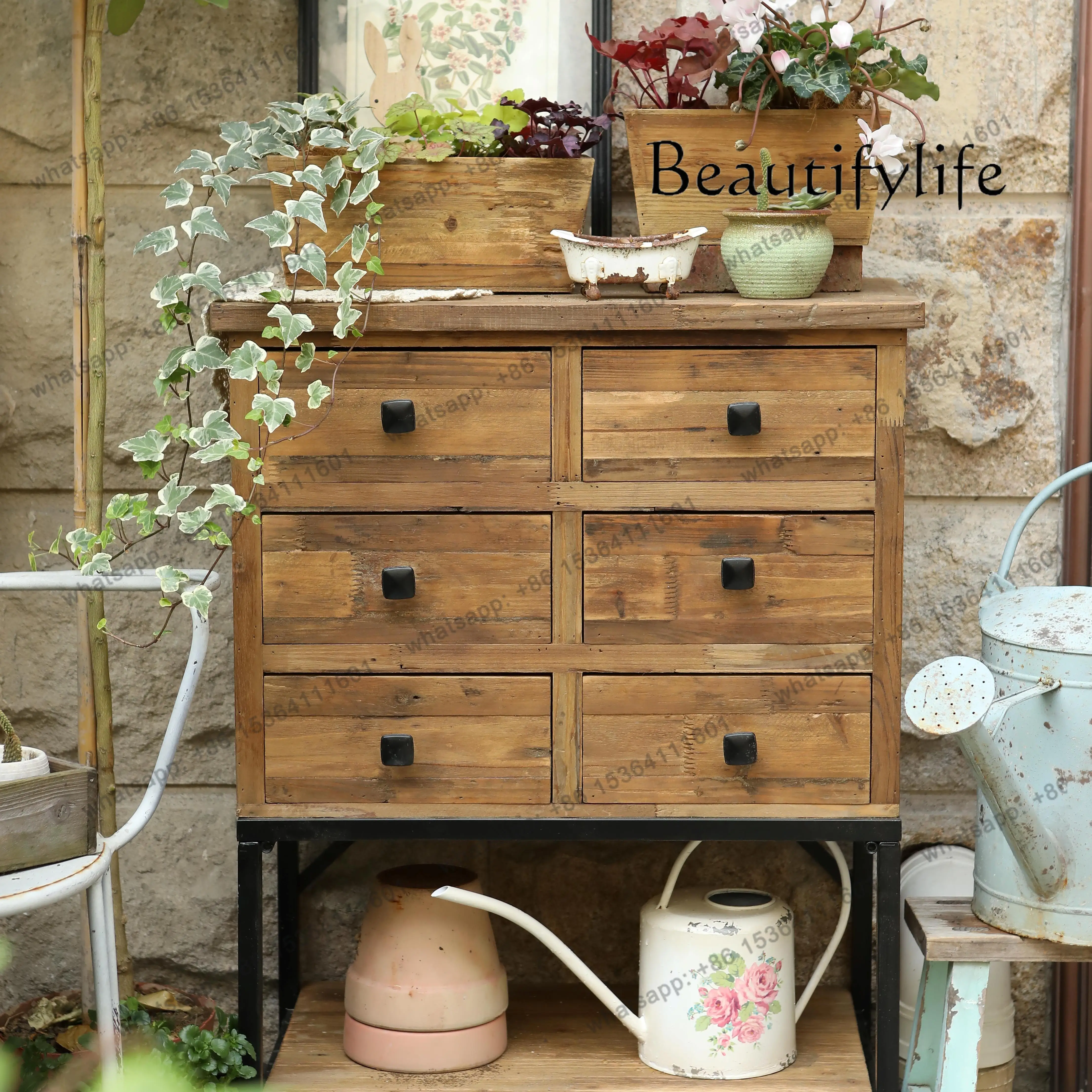 

Retro old solid wood six pumping gardening side cabinet garden living room home shelf