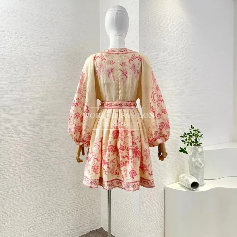 2025년 신상 플로럴 프린트 린넨 고품질 여름 핑크 V넥 긴팔 미니 드레스 (휴가용)