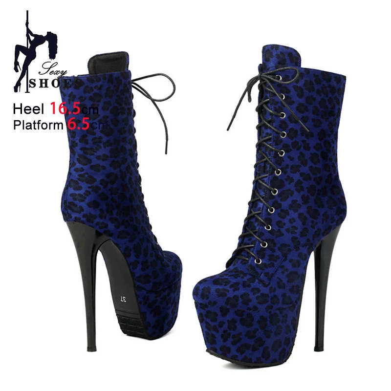ملهى ليلي نادي مثير الجوارب القصيرة 16.5 سنتيمتر الكعوب رقيقة منصة عرض مسرحي أحذية النساء الأزرق ليوبارد طباعة الجلد المدبوغ القطب أحذية الرقص #4