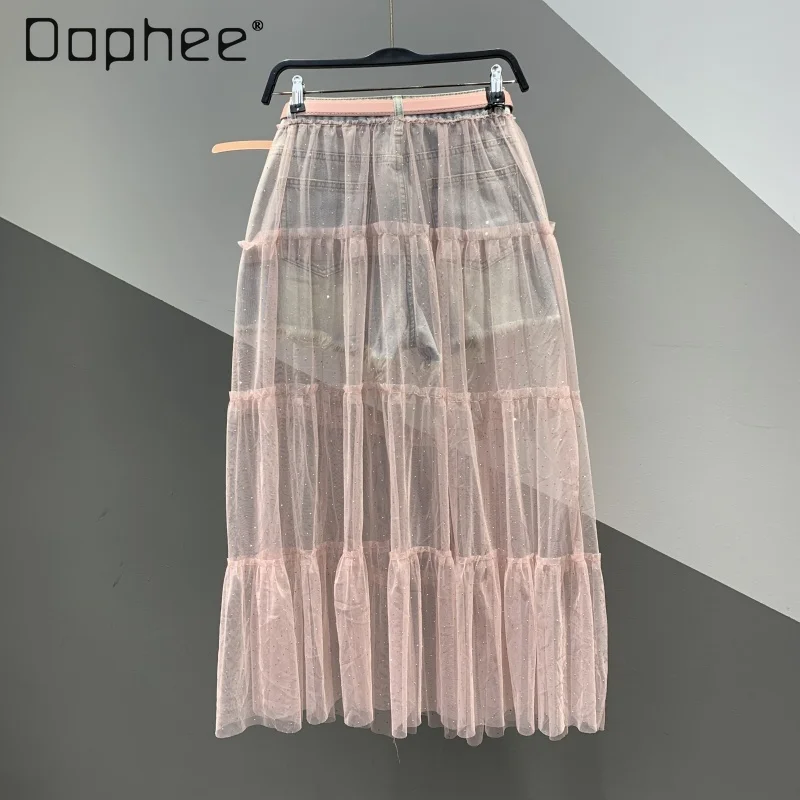 NOVEDAD DE VERANO 2021, minifalda vaquera rasgada de dos piezas falsa, falda de pastel ajustada de longitud media por encima de la rodilla de malla de retales a la moda para mujer