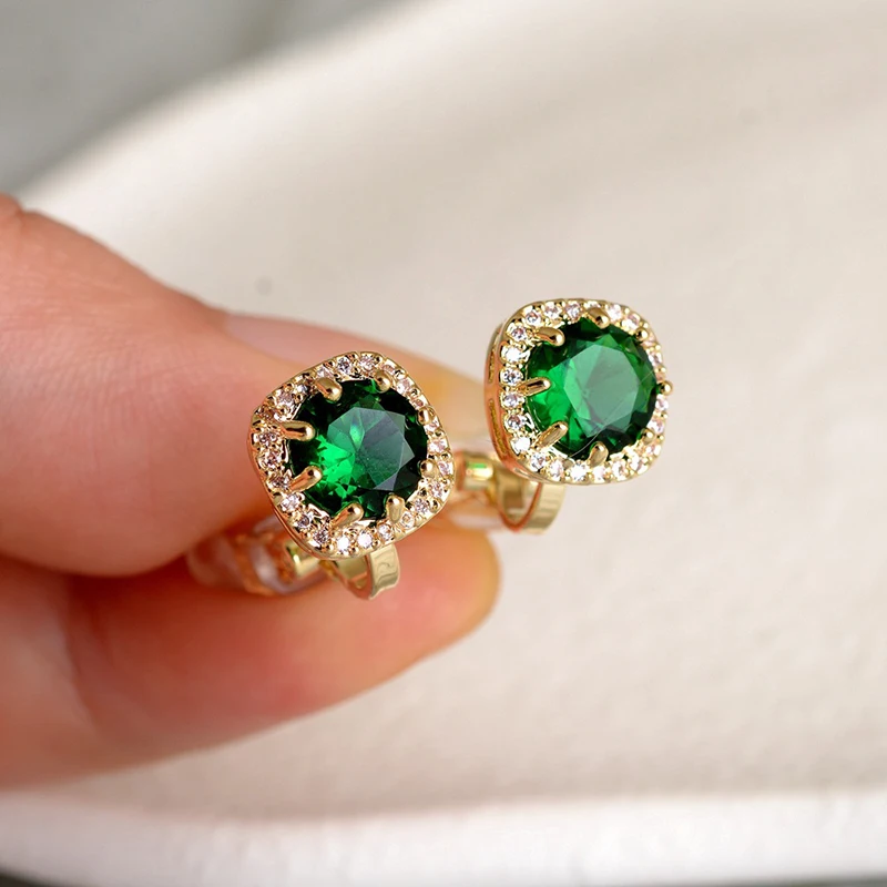 Fashion Square White Green Zirconia Clip on Earrings For Women Sweet Shinny Gold Color Non Pierced Ear Clips Party Jewelry 2023