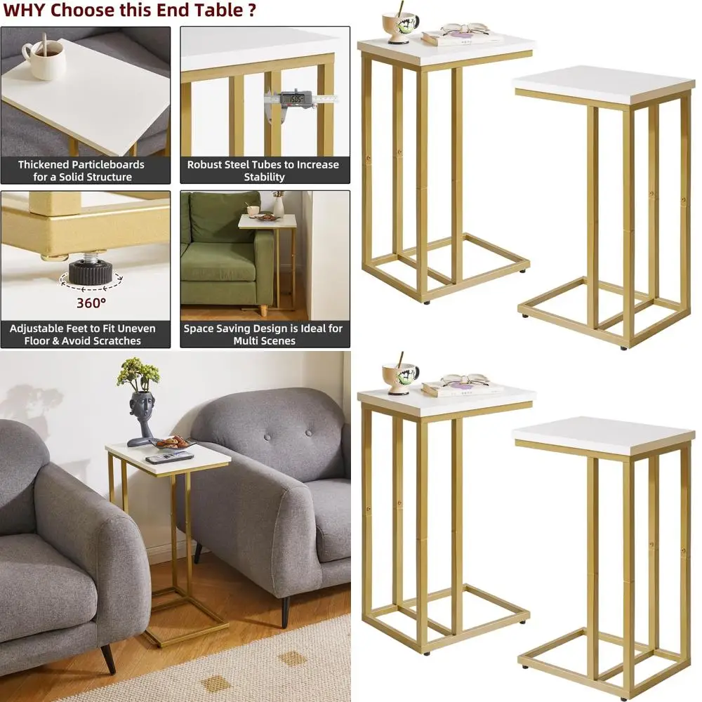 

Белый и золотистый C-образный маленький приставной столик для гостиной и спальни, 16x12x25 дюймов, прикроватная тумбочка