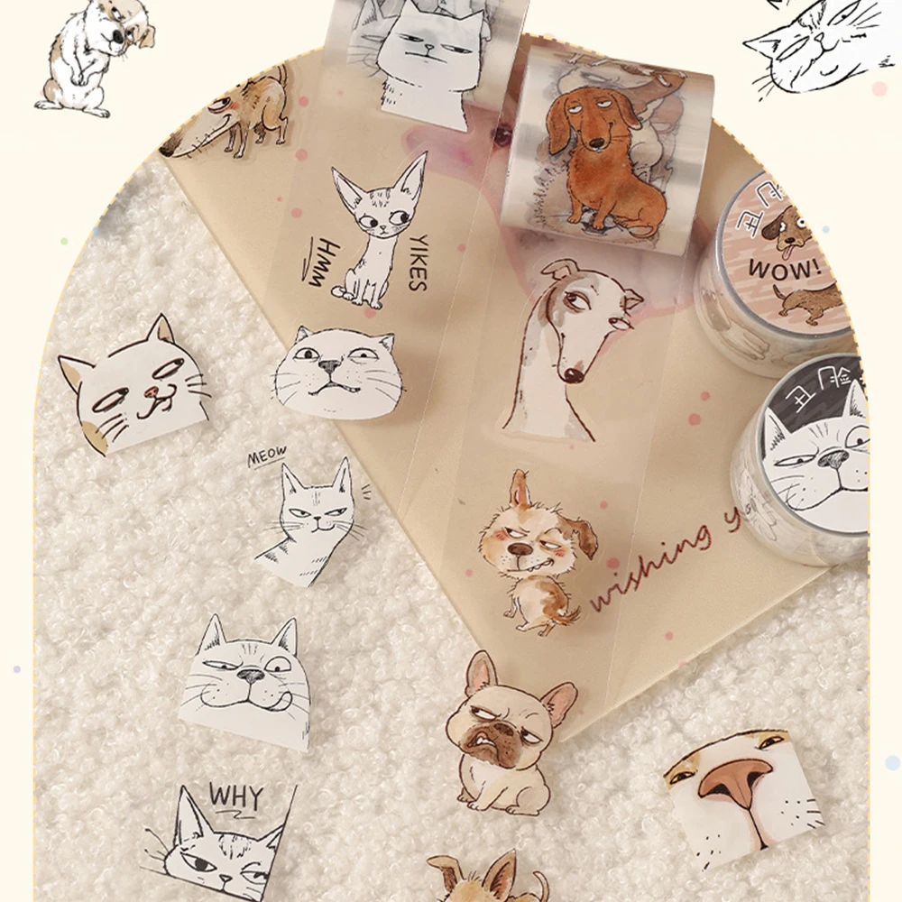 1Roll Ugly-faced Cats Dogs Patterns INS Retro Style Versatile Material Hand Account Diy Base Decorative Stickers