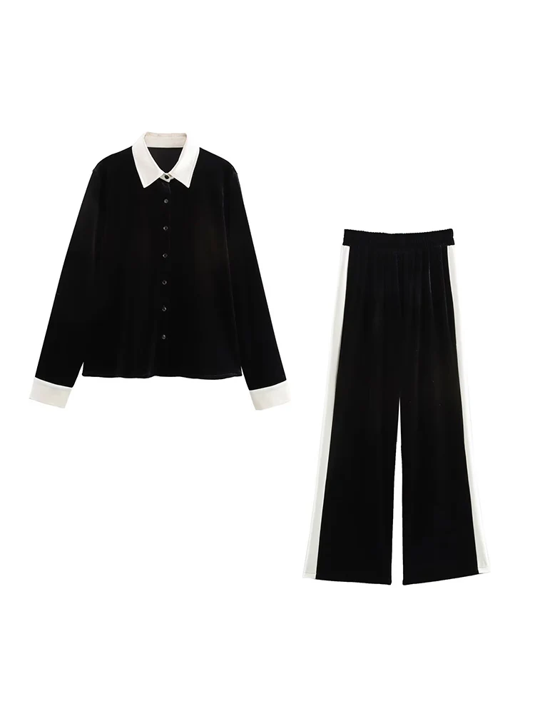 Estilo europeo nueva moda mujer todo fósforo temperamento terciopelo empalme abierto camisa de plumas de ganso pantalones