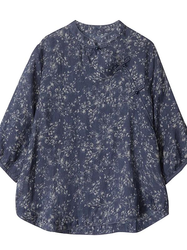 Algodão linho estampa floral botão up solto ajuste verão irt para mulheres plus size tradicional chinês sle casual wear