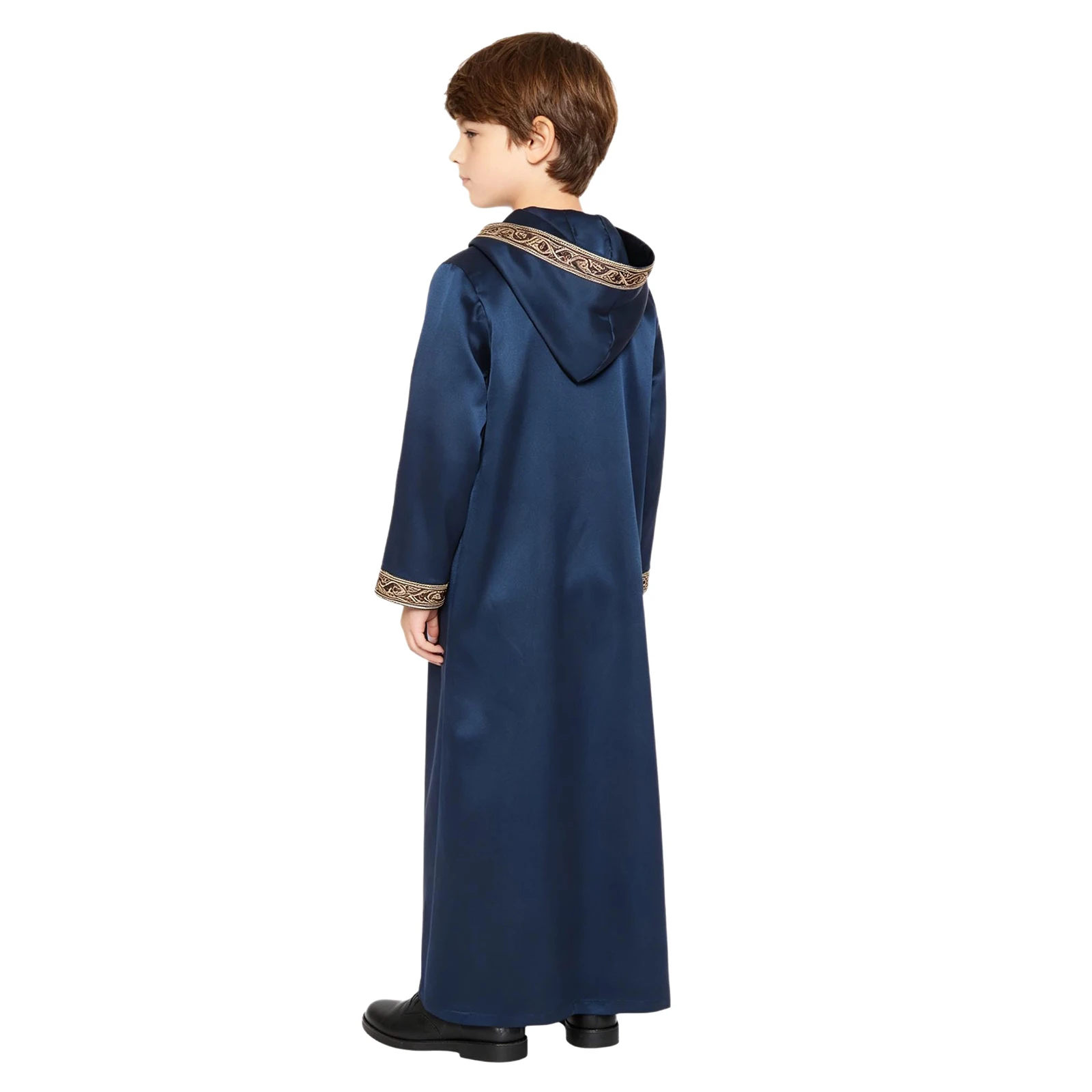 Boys Muslim Robe Costume Hooded Long Sleeve Zip Up Embroidered Gold Trims Islamic Robe Child Ramadan Kaftans Arab Folk Clothes