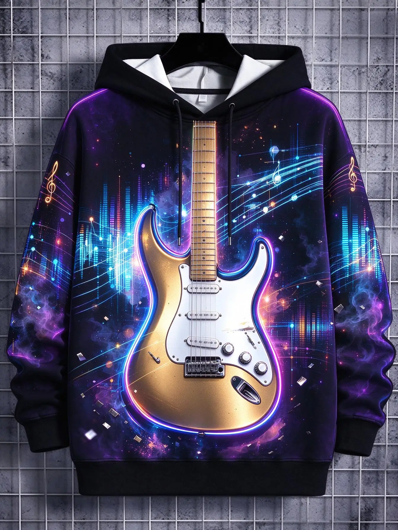 Men's Hoodie Cosmic Starry Sky Neon Glow Electric Guitar Pattern Thin Hoodie Music Lover Daily Wear Autumn Winter Men's Clothes