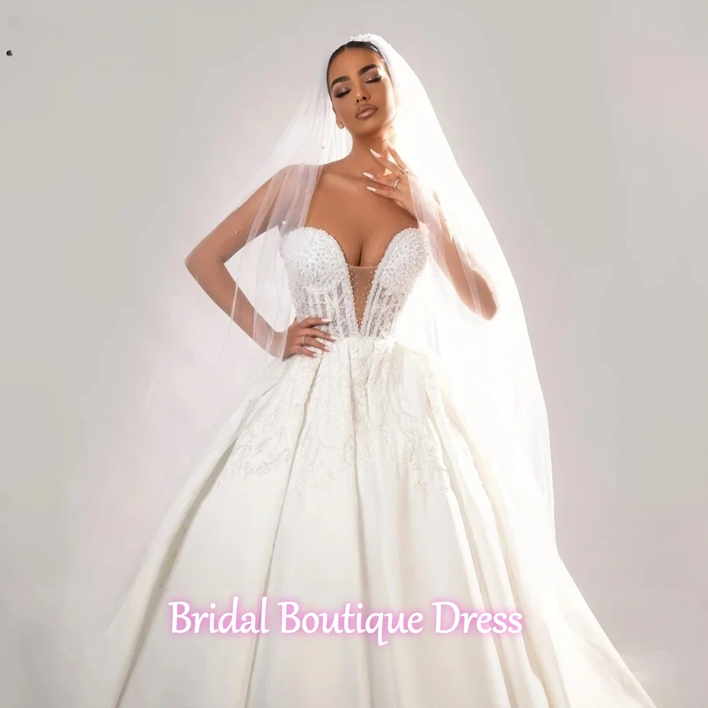 Customized Exquisite Satin Ball Gown Wedding Dresses Beading Pearls Lace Off Shoulder Princess Bridal Gowns For Brides Vestido