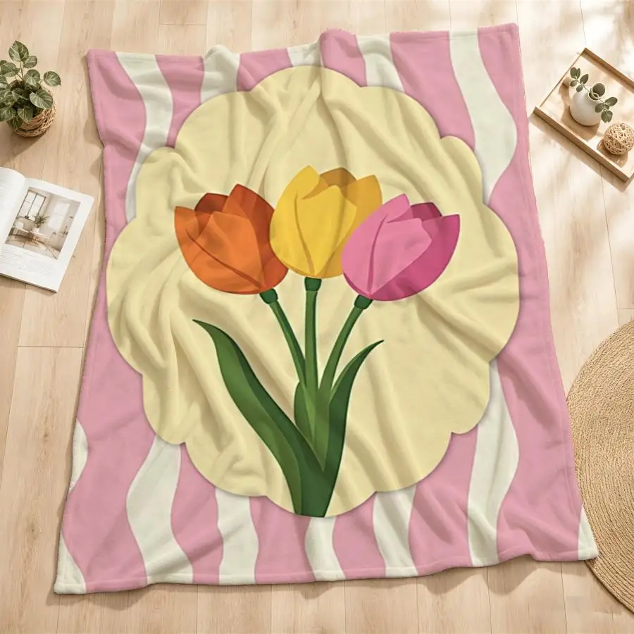 Retro Tulip Bouquet Flannel Throw Blanket - Soft Warm Weighted Bedspread Suitable for Couch, Bed, Office & Travel, Machine Washable - Bedding Gift with Wavy Stripes, Cozy Spring Decor for &, Multicolor Tulip, 2D Flat