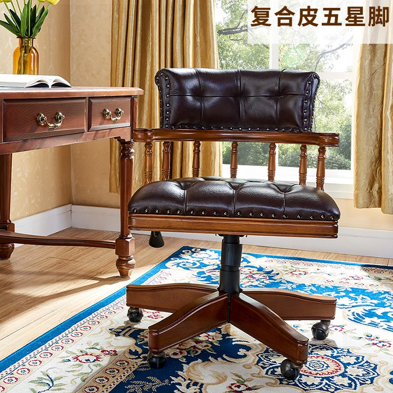 Modern Wood Study Chair Genuine Leather Upholstered Computer Desk Chair Ergonomic Swivel Student Chair for Home Office Library