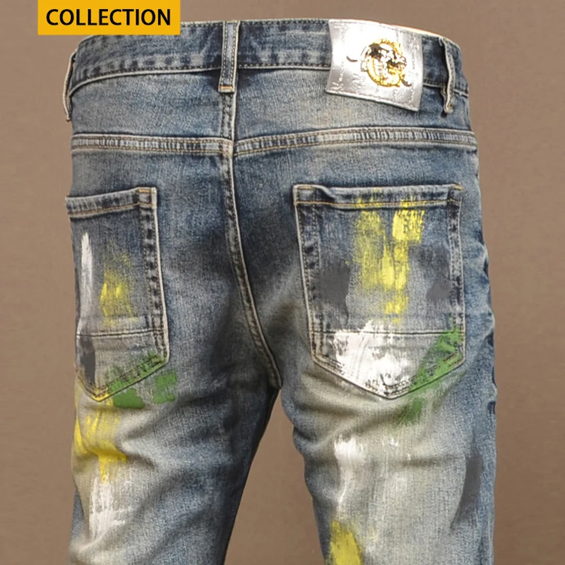 

y2k fashion men's jeans, y2kcorrugated painted retro washed blue elastic slim fit jeans, men's hip-hop retro denim pants, hombre