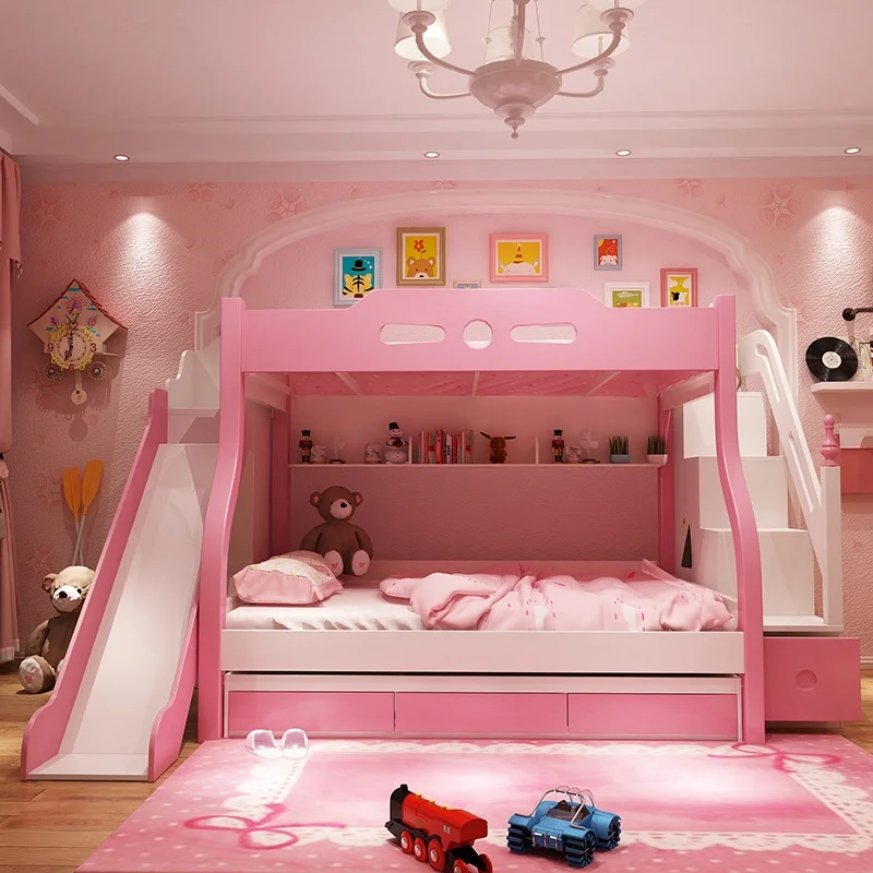 Tempat Tidur Tingkat Logam Ganda Model Tinggi Rendah dengan Seluncuran untuk Anak Laki-Laki dan Perempuan, Fitur Penyimpanan yang Dapat Disesuaikan untuk Aplikasi Furnitur Rumah