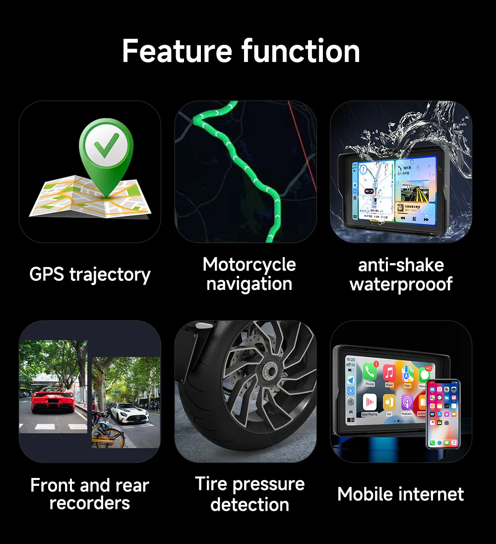 オートバイのマルチメディアプレーヤー,GPSナビゲーション,ビデオレコーダー,ワイヤレスCarPlay, Android Auto,防水画面,BT, 2K HD, 7インチ,ipx8