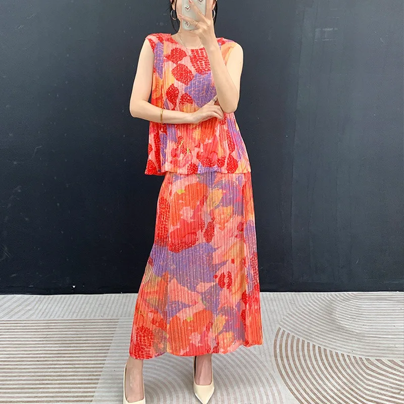 Pleated T-Shirt Set 2026 Summer New Sleeveless Printed Vest Top and Wide Hem Skirt 2-Piece Set Loose Plus Size Women's