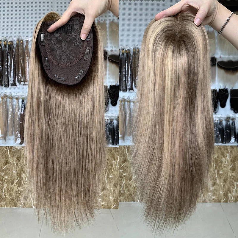

Beauty Girl European Human Hair Topper Blonde Color Clip In 6x7' 8x8' Silk Base Toupee For Women Silk Base Hair Topper Toupee