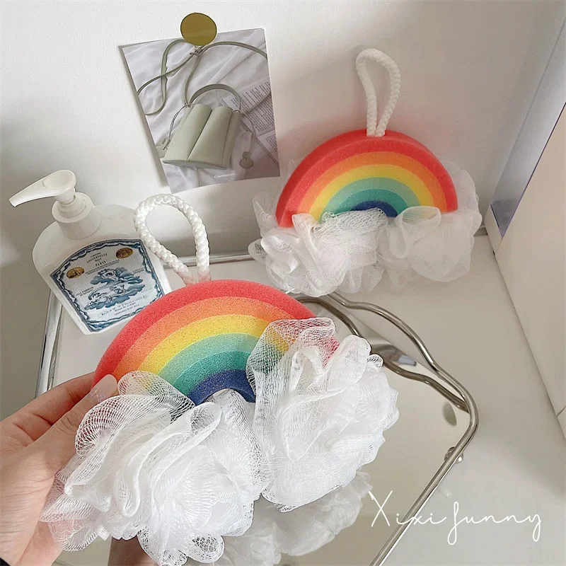 Kawaii Rainbow Bath Ball Soft Mesh Bubbler Sponge Baby Shower Wash Scrubber Cartoon Color Durable Body Massage Bathroom Brush