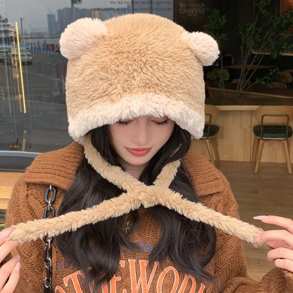 

Casual Bear Ear Knitted Plush Hat Coldproof Windproof Ear Protection Hat Thickened Keep Warm Beanies Cap for Women Girls