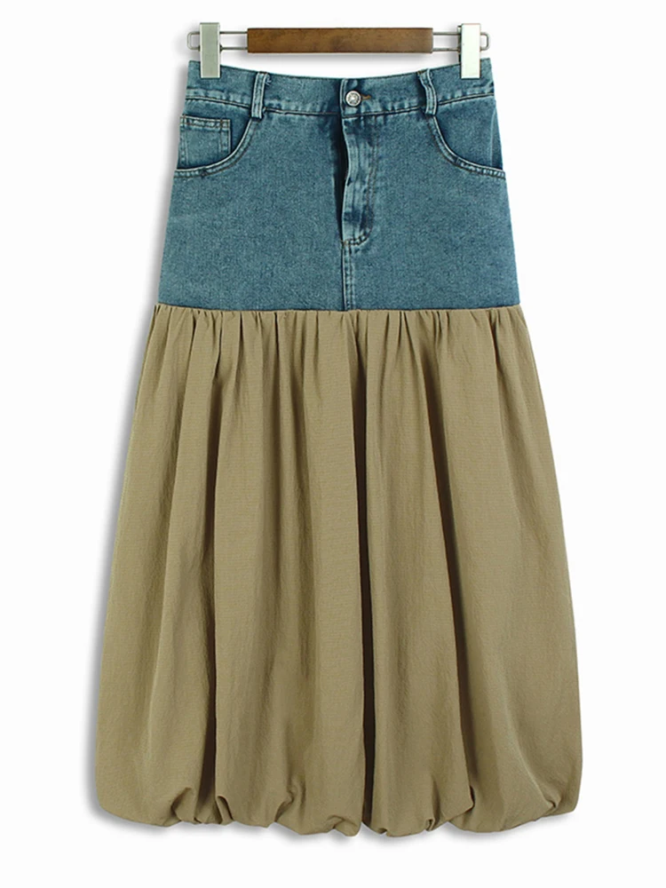 [EAM] High Elastic Waist Green Denim Pleated Color-block Half-body Skirt Women Fashion Tide New Spring Autumn 2024 1DH6178