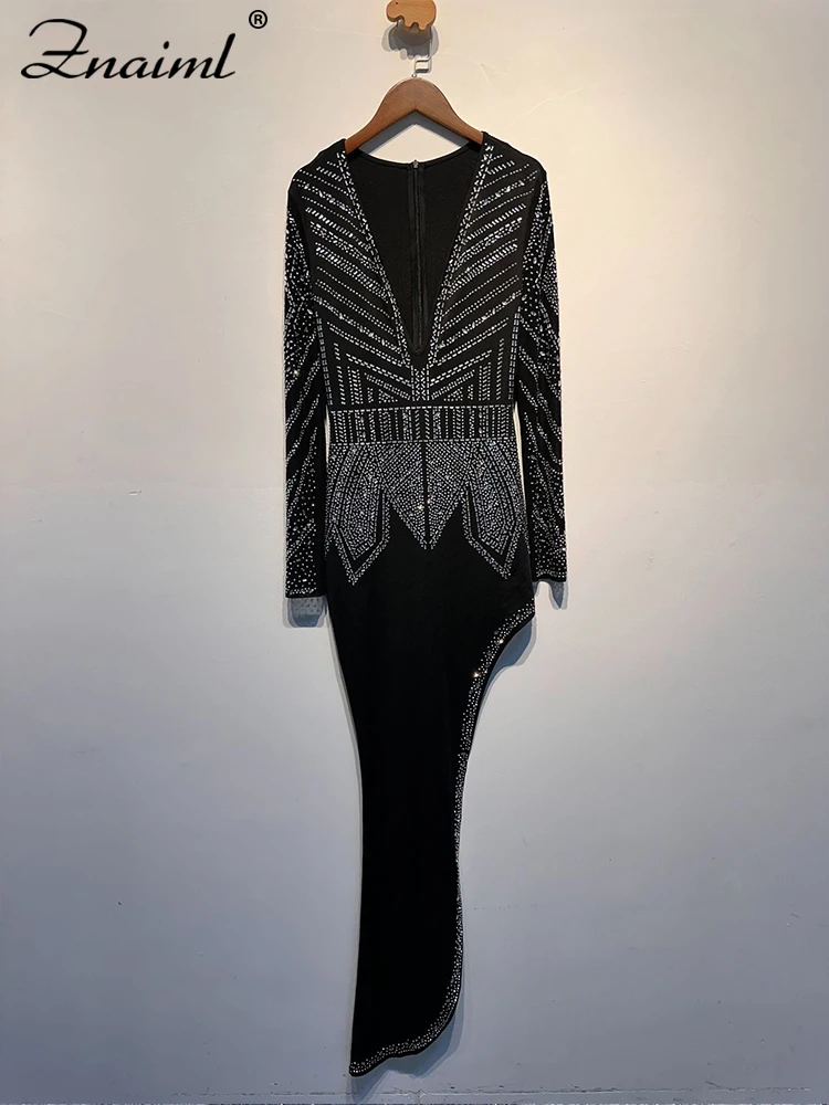 Znaiml Luxury Birthday Diamonds Rhinestones V Neck Long Sleeve Hypotenuse Maxi Dress Women‘s Sexy Night Club Even Wedding Guest