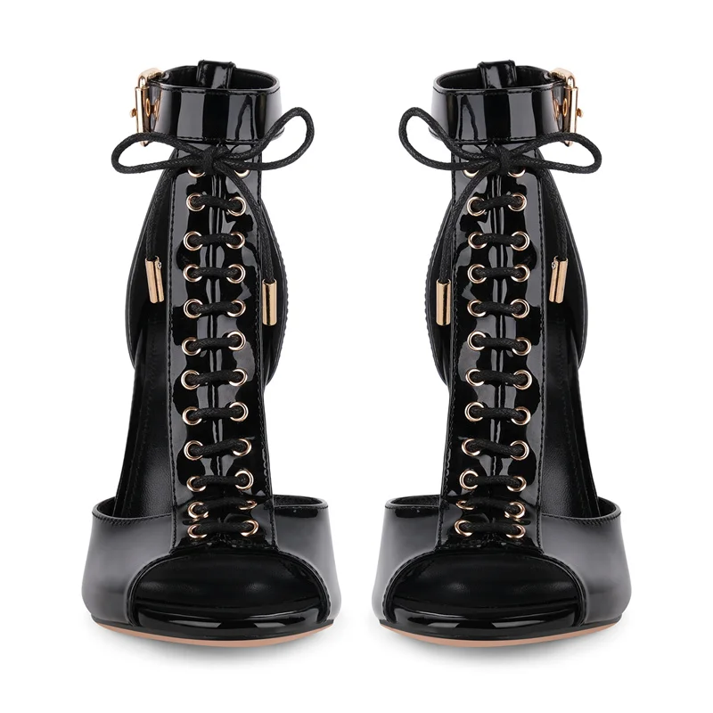 Onlymaker Women Open Toe T-Strap Lace-up Buckle Patent Leather Sandals Party Wedding Thin Heels Sandals view 5