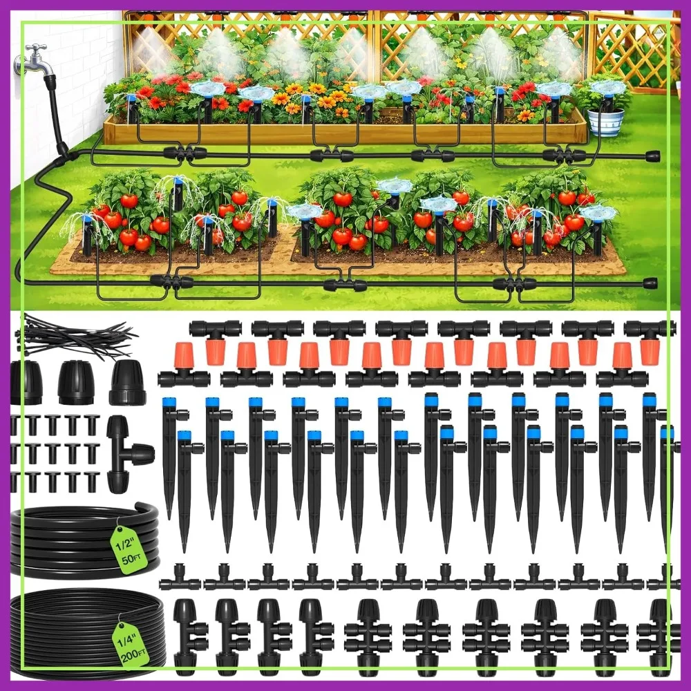 

250FT Drip Irrigation System Kit, Quick-Connect Garden Misting with Adjustable Nozzles, 1/2" 1/4" Tubing for Lawn Greenhouse