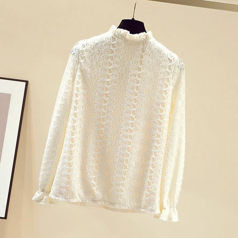 Stand Collar Crochet Hollow Bow Shirt 2023 Autumn Elegant Lace Bottoming Blouse Women Long Sleeve Loose Casual Tops Blusas 28556