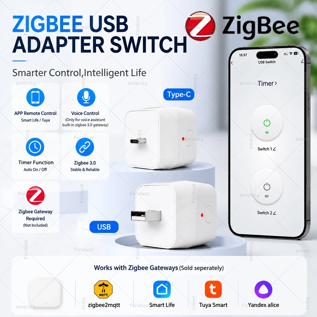 Zigbee 3.0 Micro Type-C USB Adaptor Switch 5V Mini USB Power Adaptor Charger Plug Tuya Smart Life Control Works With Zigbee2MQTT