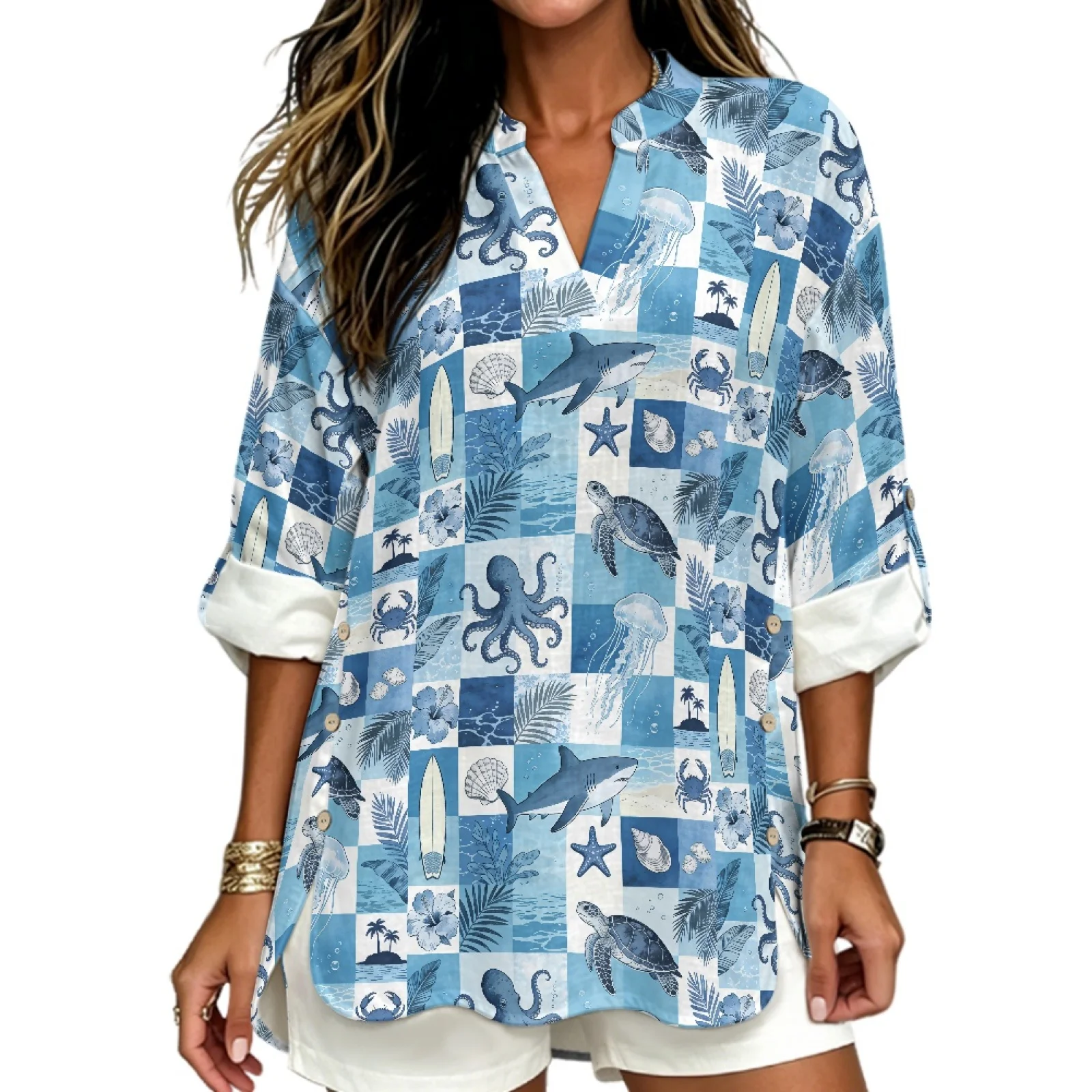 PENSTROLL Blue Ocean Patchwork Side Slit V Neck Blouses for All Occasions Linen Like Tunic Top Sizes S-5XL