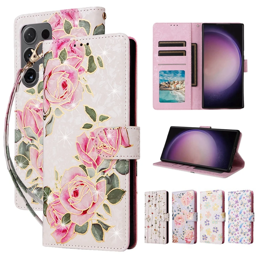 

Luxury Foil Printed Floral Wallet Case for Samsung Galaxy S24 Ultra S23 Ultra S24 S23 S22 S21FE S20 S10 S9 Short Rope Flip Cover