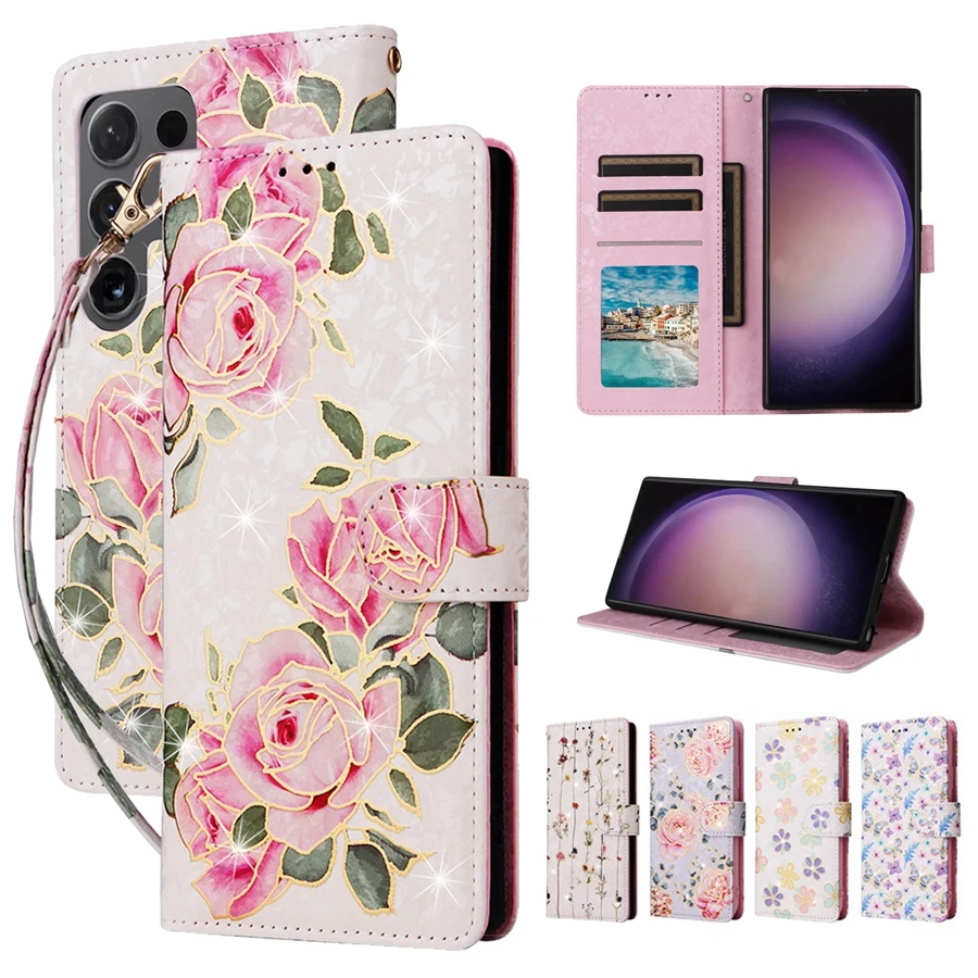 Luxury Foil Printed Floral Wallet Case for Samsung Galaxy S24 Ultra S23 Ultra S24 S23 S22 S21FE S20 S10 S9 Short Rope Flip Cover