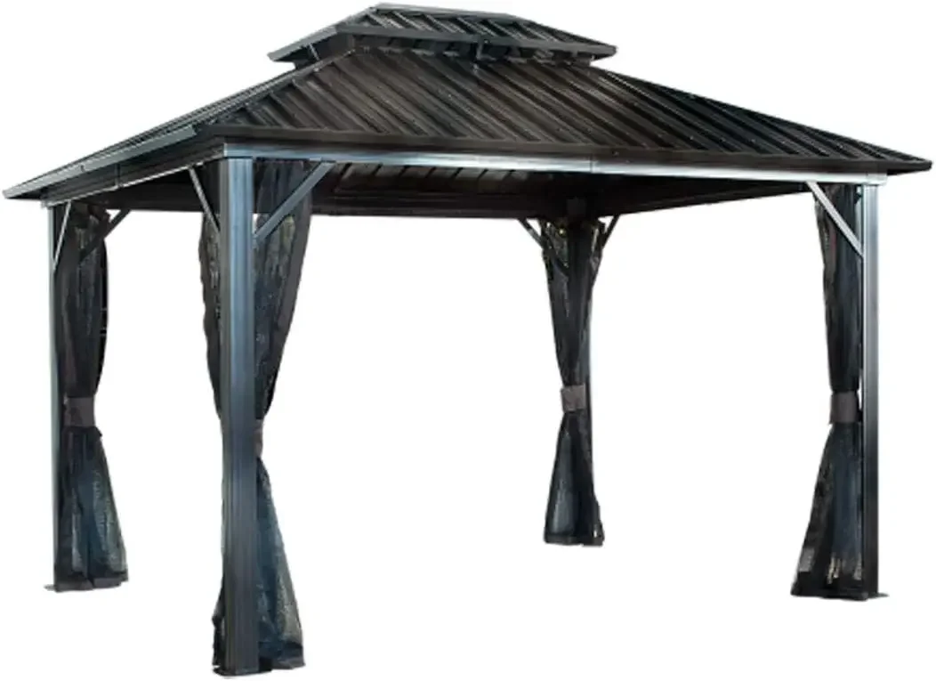 12' x 12' Genova II Hardtop Gazebo Outdoor Weather-Resistant Aluminum Frame Shelter with Mosquito Net Black,Brown