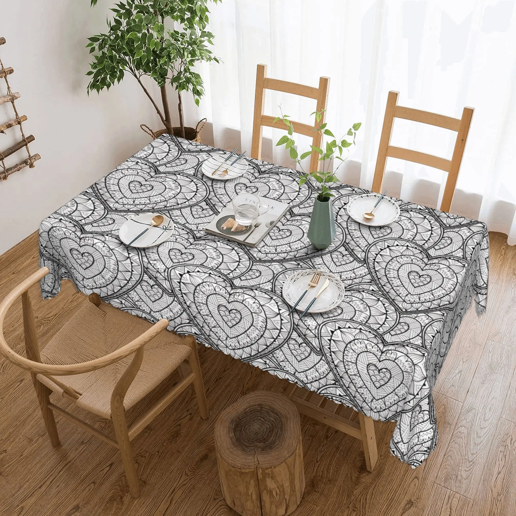 Nappe rectangulaire anti-taches style mandala cœur Zentangle, motif géométrique floral, pour salle à manger