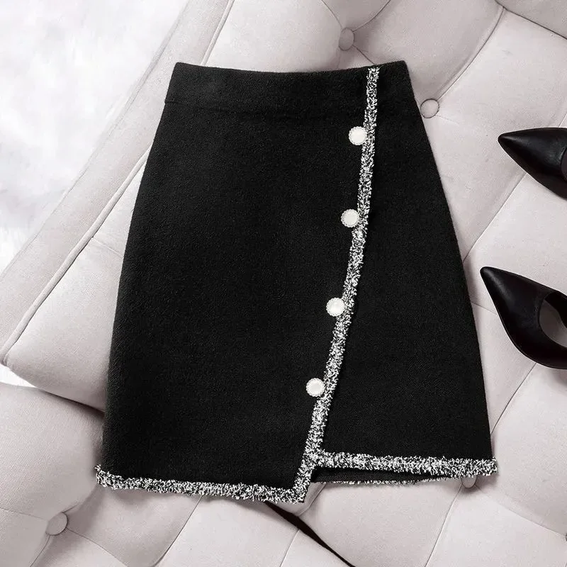 

Spring Autumn Knitted Woolen Tweed Hip Mini Skirt Short High Waist Buttons Sweater Beading Irregular Asymmetrical Dresses Black