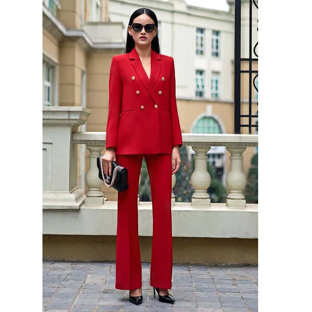 Elegant Double Breasted Red Women's Suits Formal Party Outfits Daily Office Work Full Set Custom Slim Fit 2 Piece Jacket Pants